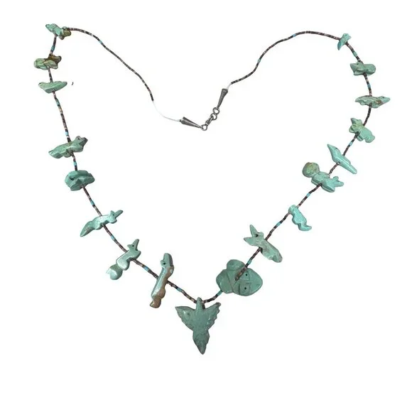 Vintage Zuni Carved Turquoise Thunderbird Fetish Heishi Beaded Necklace 32" READ - Picture 6 of 10
